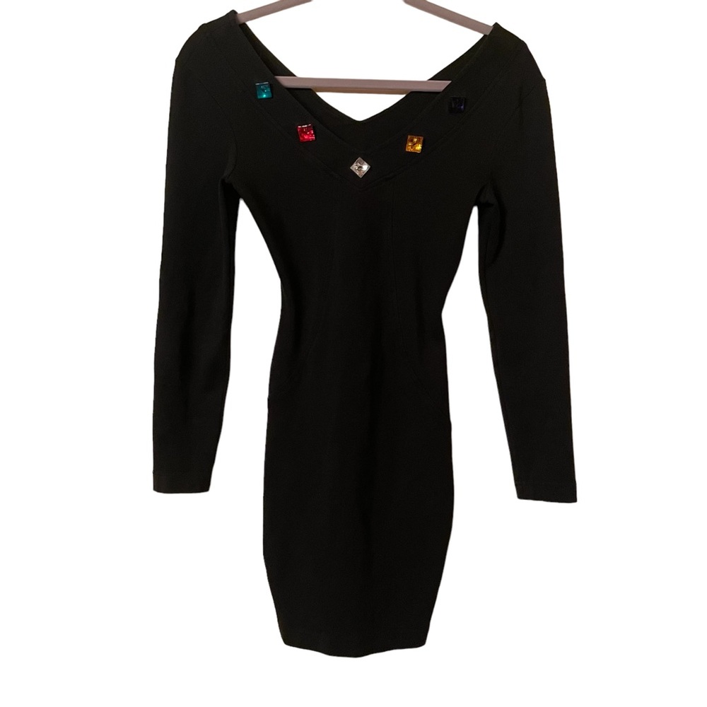 YES Clothing 80s Vintage Black Longsleeve Bodycon Faux crystal jeweled Neckline